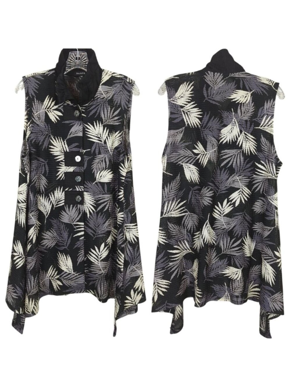 Damee sleeveless button front tropical leaf black gray asymmetrical Tunic M